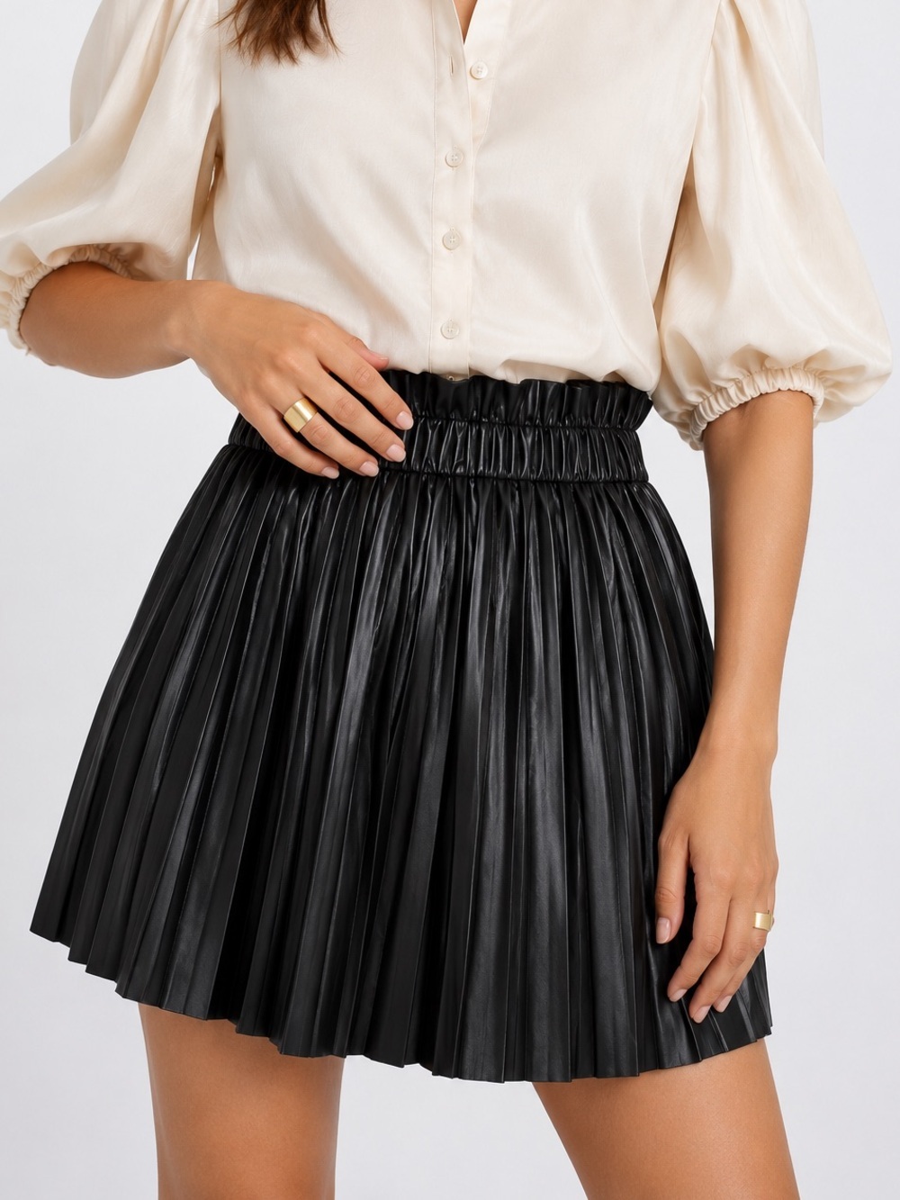 7 For All Mankind‎ Black Faux Leather Pleated Flare Mini Skirt Size Large